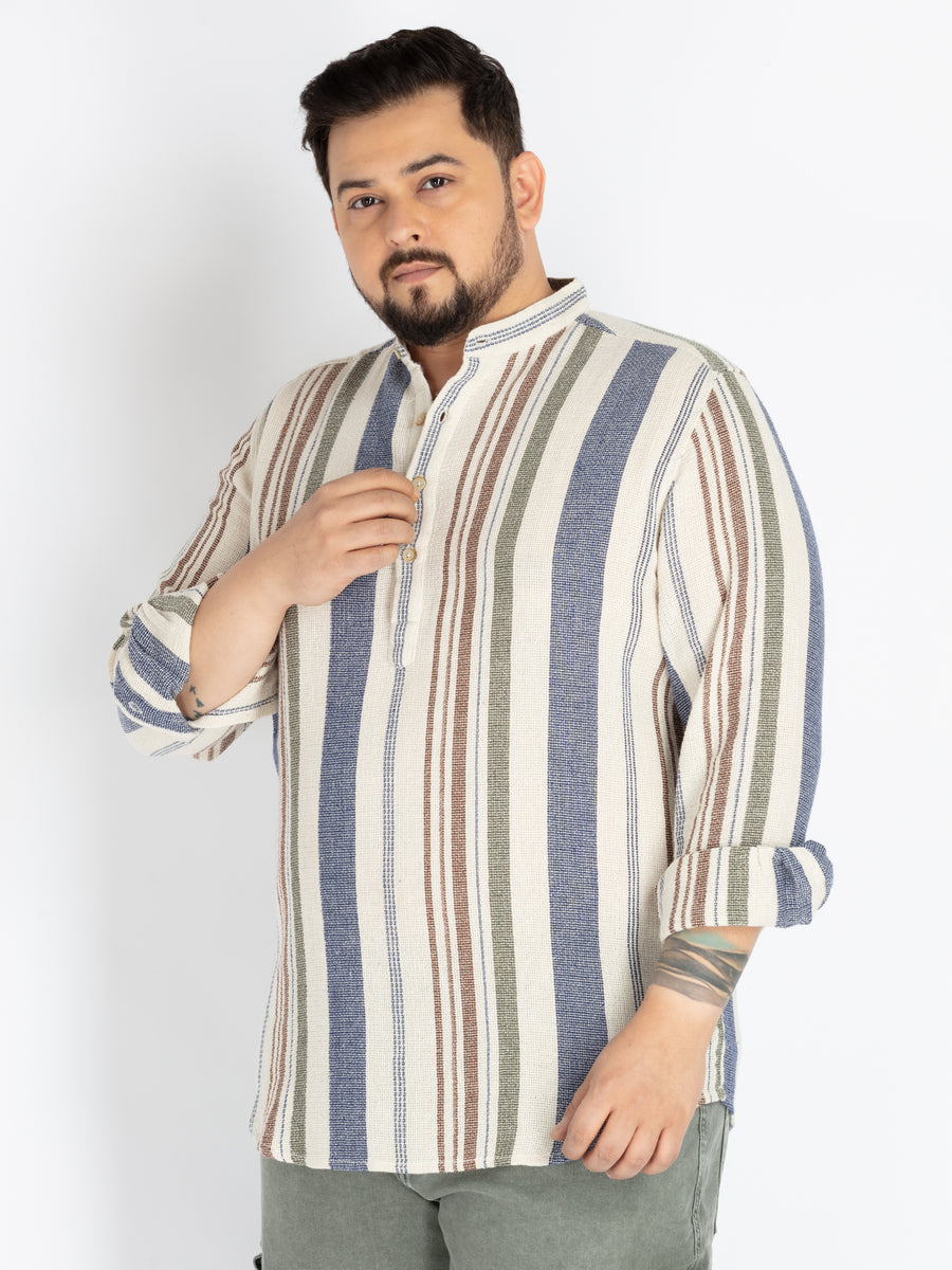 Plus Size Offwhite Mandarin Collar stripe  Shirt