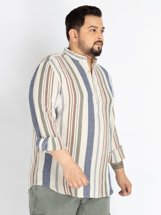 Plus Size Offwhite Mandarin Collar stripe  Shirt