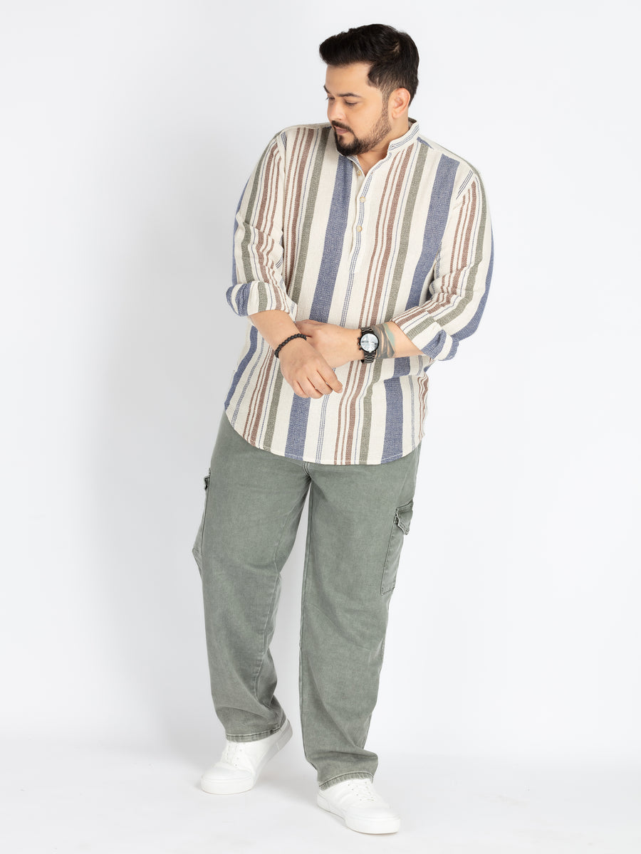 Plus Size Offwhite Mandarin Collar stripe  Shirt
