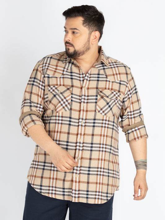 Mens Plus Size Beige Spread Collar Check Shirt