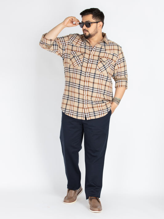 Mens Plus Size Beige Spread Collar Check Shirt