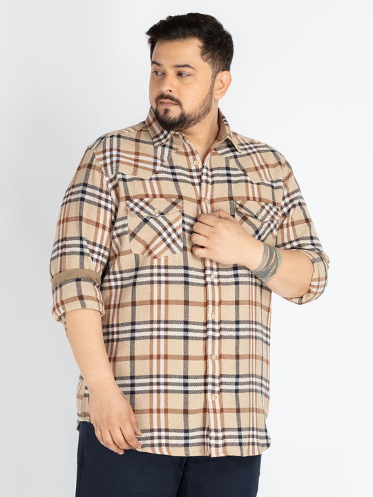 Mens Plus Size Beige Spread Collar Check Shirt
