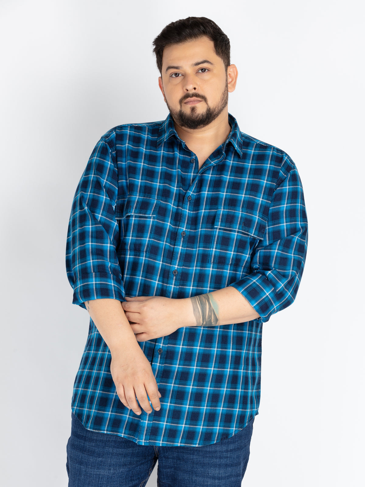 Turq Spread Collar Check Shirt