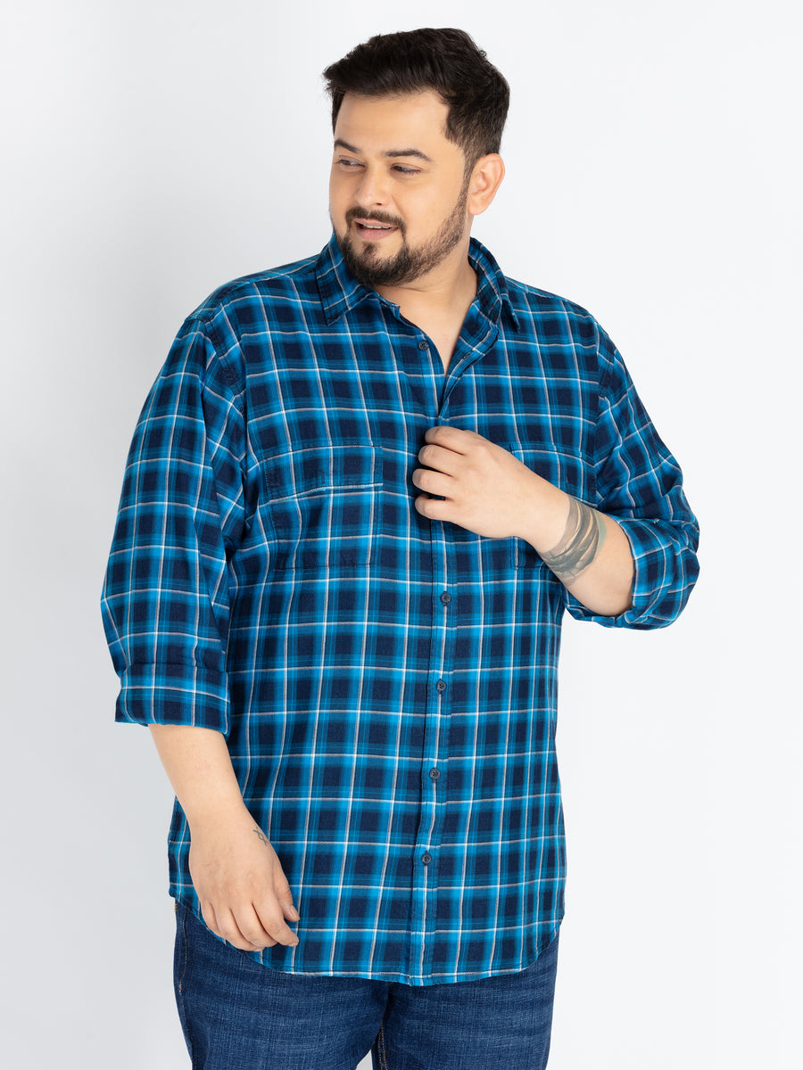 Mens Plus Size Turq Spread Collar Check Shirt