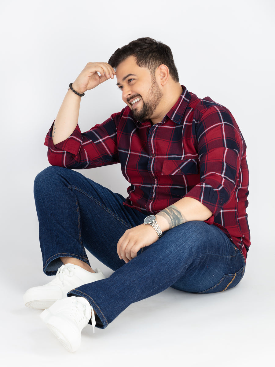 Plus size Men’s Indigo Red & Navy Checked Casual Shirt