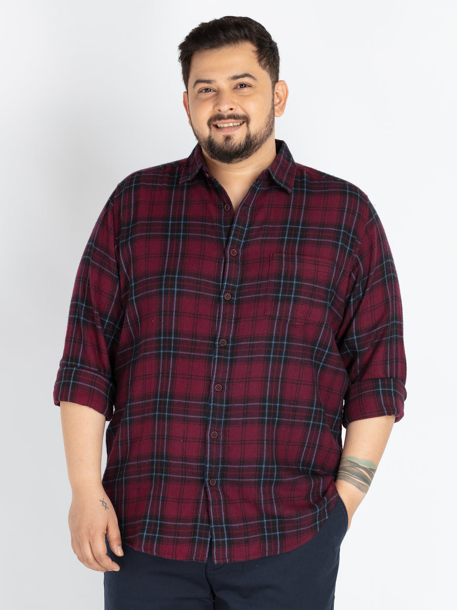 Mens Plus Size Maroon Spread Collar Check Shirt