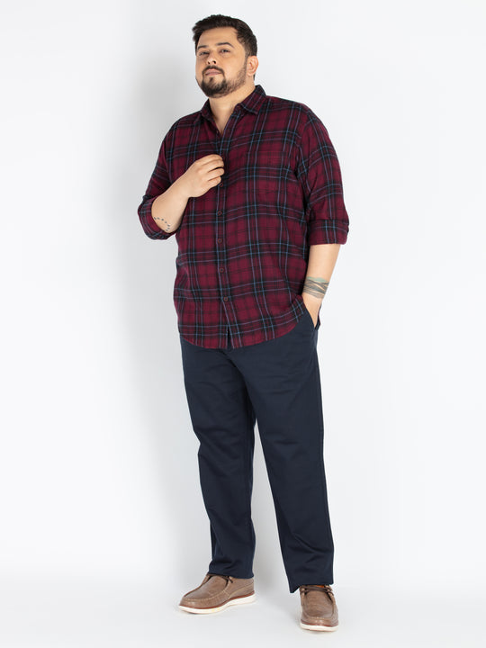 Mens Plus Size Maroon Spread Collar Check Shirt