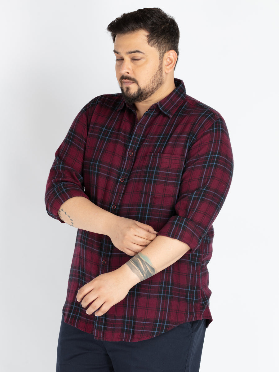 Mens Plus Size Maroon Spread Collar Check Shirt