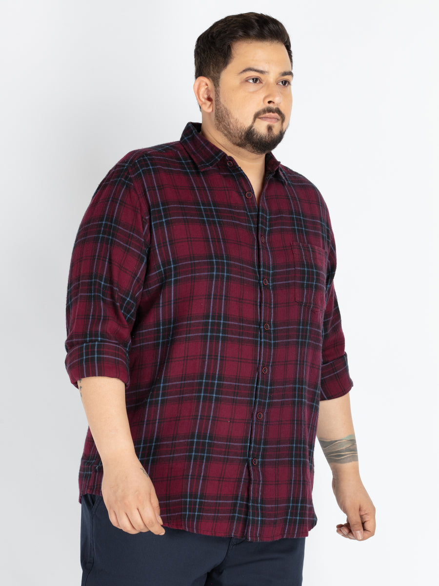 Mens Plus Size Maroon Spread Collar Check Shirt