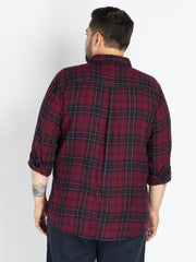 Maroon Spread Collar Check Shirt