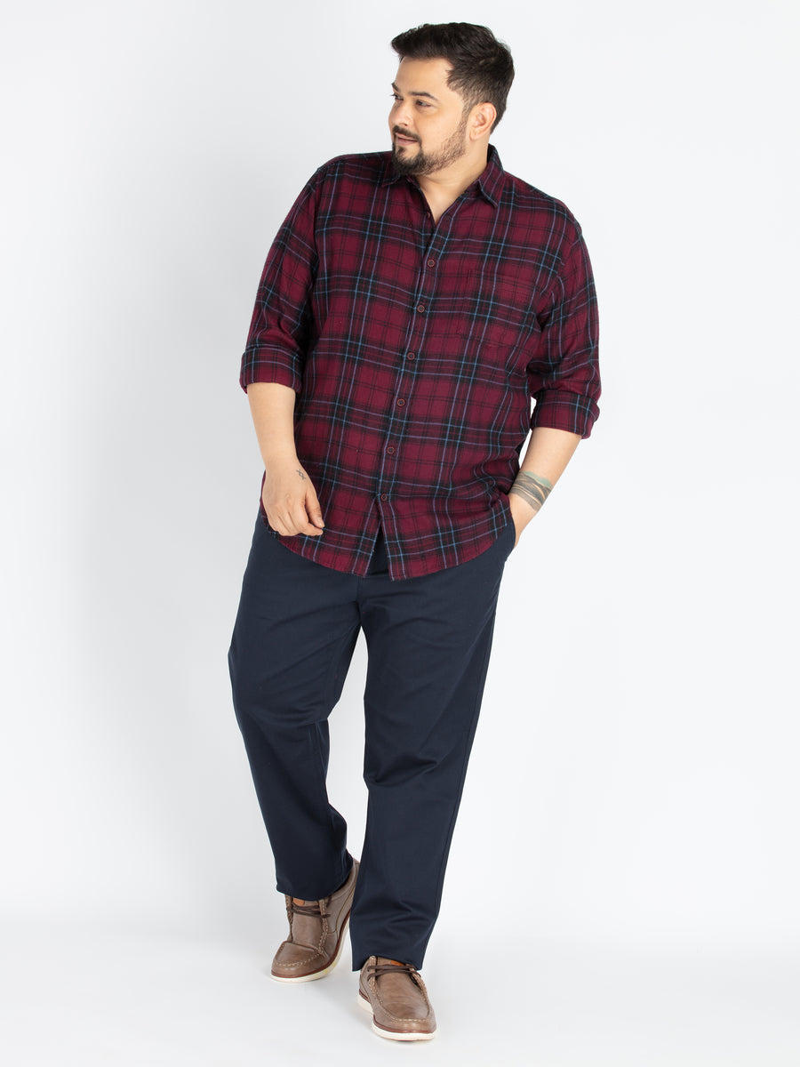 Mens Plus Size Maroon Spread Collar Check Shirt