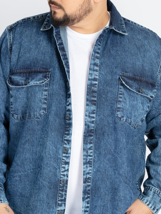 Men’s Plus Size Indigo Washed Casual Shirt with Chest Pockets
