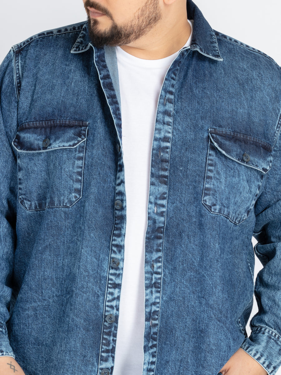 Men’s Plus Size Indigo Washed Casual Shirt with Chest Pockets