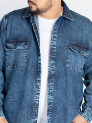 Men’s Plus Size Indigo Washed Casual Shirt with Chest Pockets