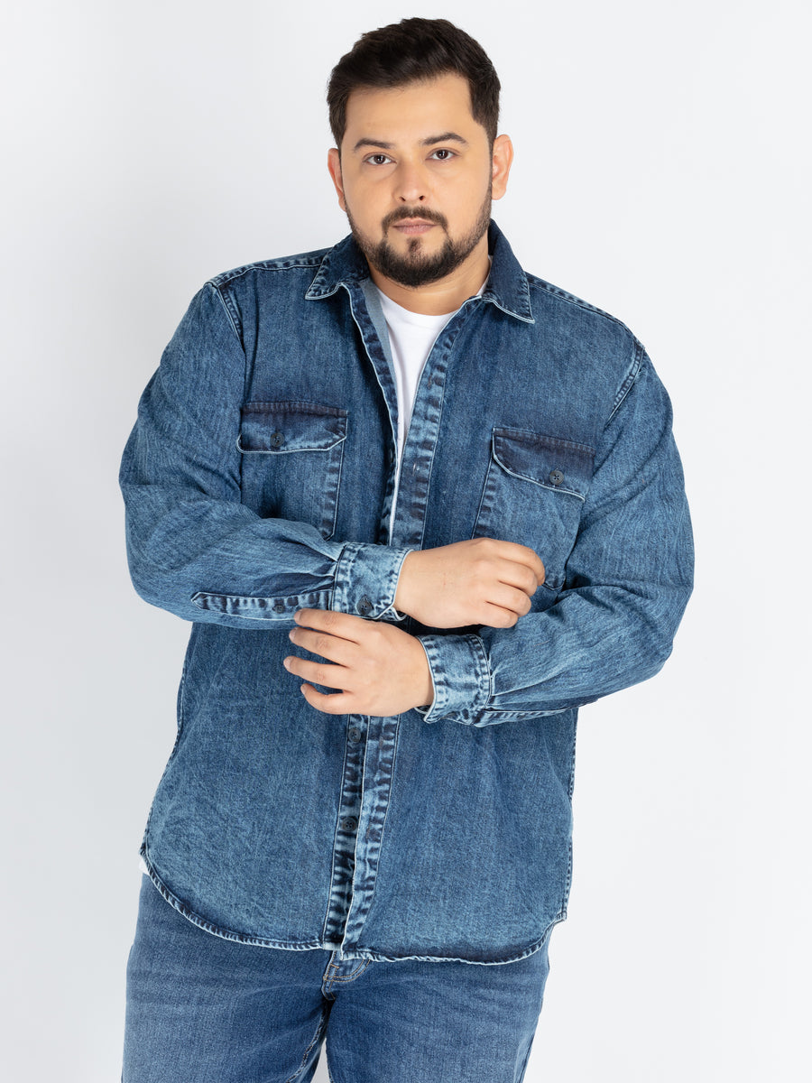 Men’s Plus Size Indigo Washed Casual Shirt with Chest Pockets