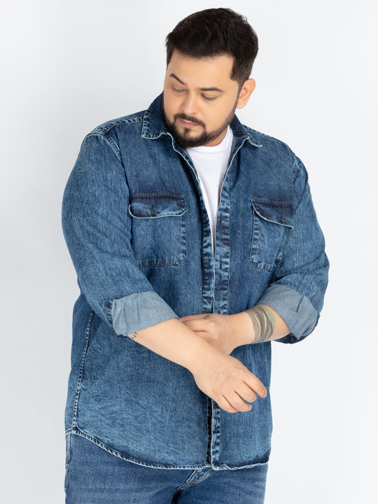 Men’s Plus Size Indigo Washed Casual Shirt with Chest Pockets