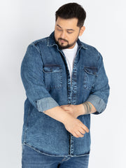 Men’s Plus Size Indigo Washed Casual Shirt with Chest Pockets