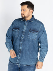 Men’s Plus Size Indigo Washed Casual Shirt with Chest Pockets