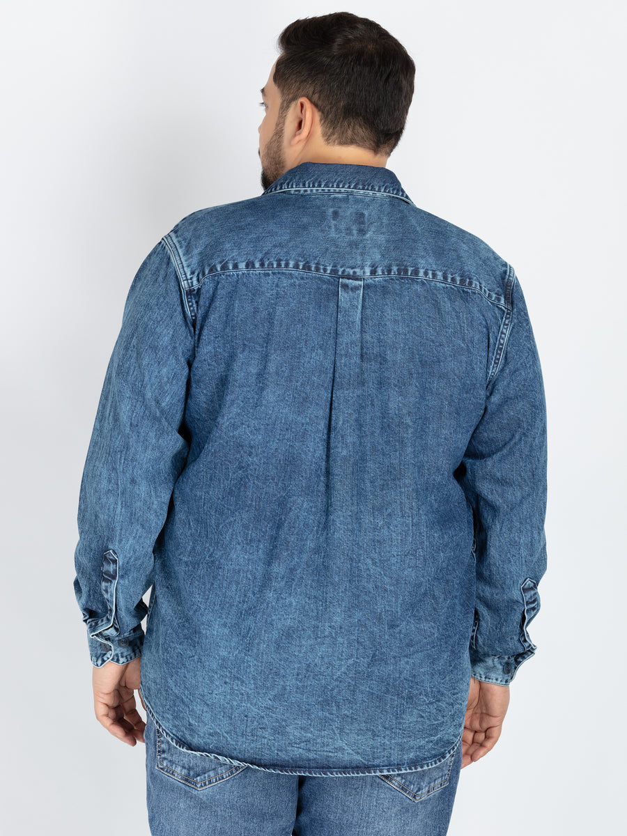 Men’s Plus Size Indigo Washed Casual Shirt with Chest Pockets