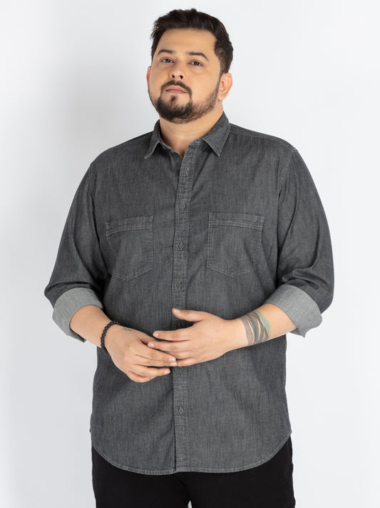 Grey Denim Spread Collar Solid Shirt