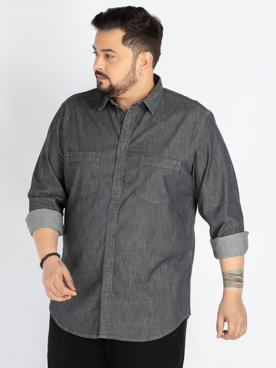 Mens Plus Size Grey Spread Collar Solid Shirt