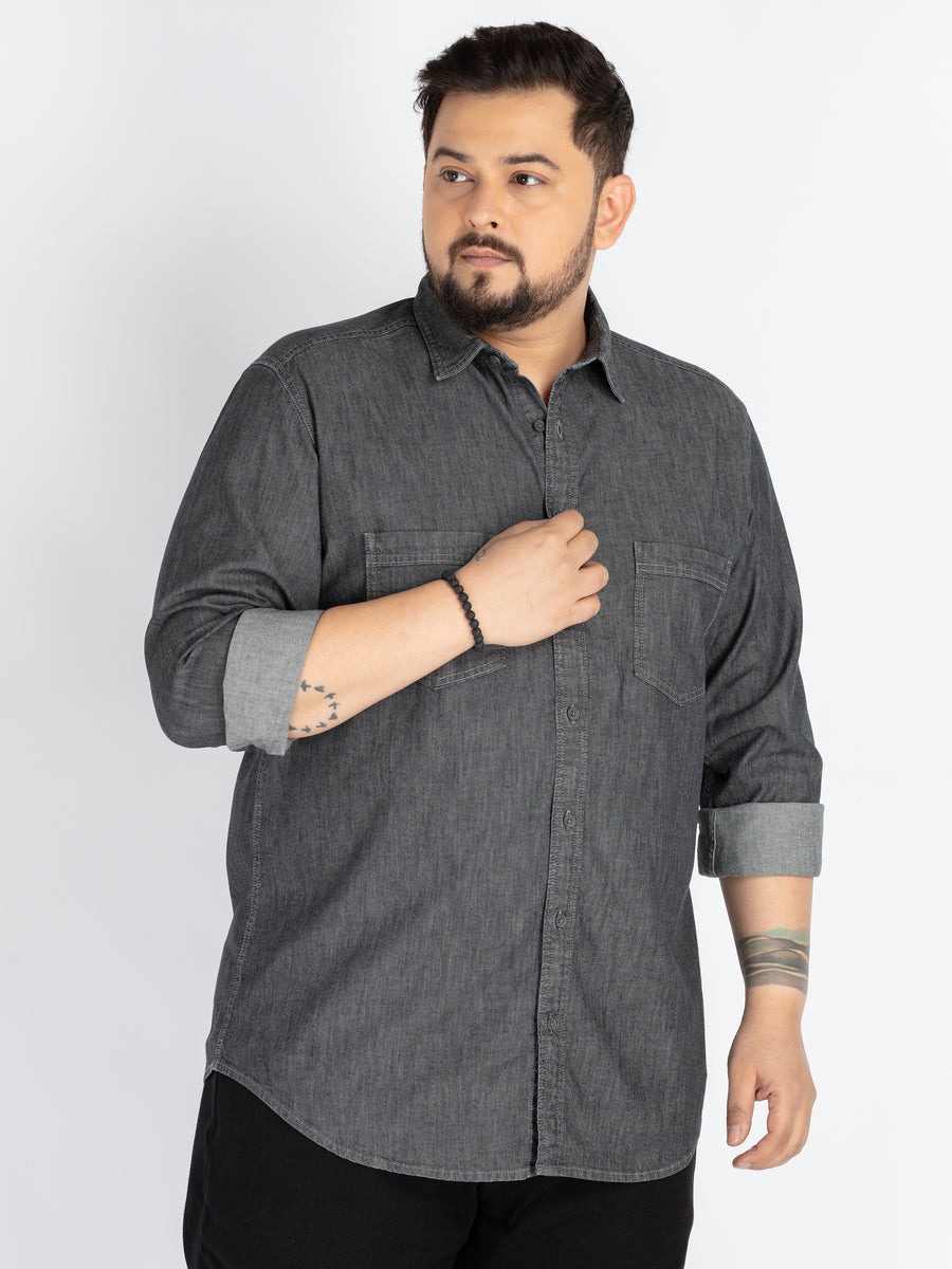 Mens Plus Size Grey Spread Collar Solid Shirt