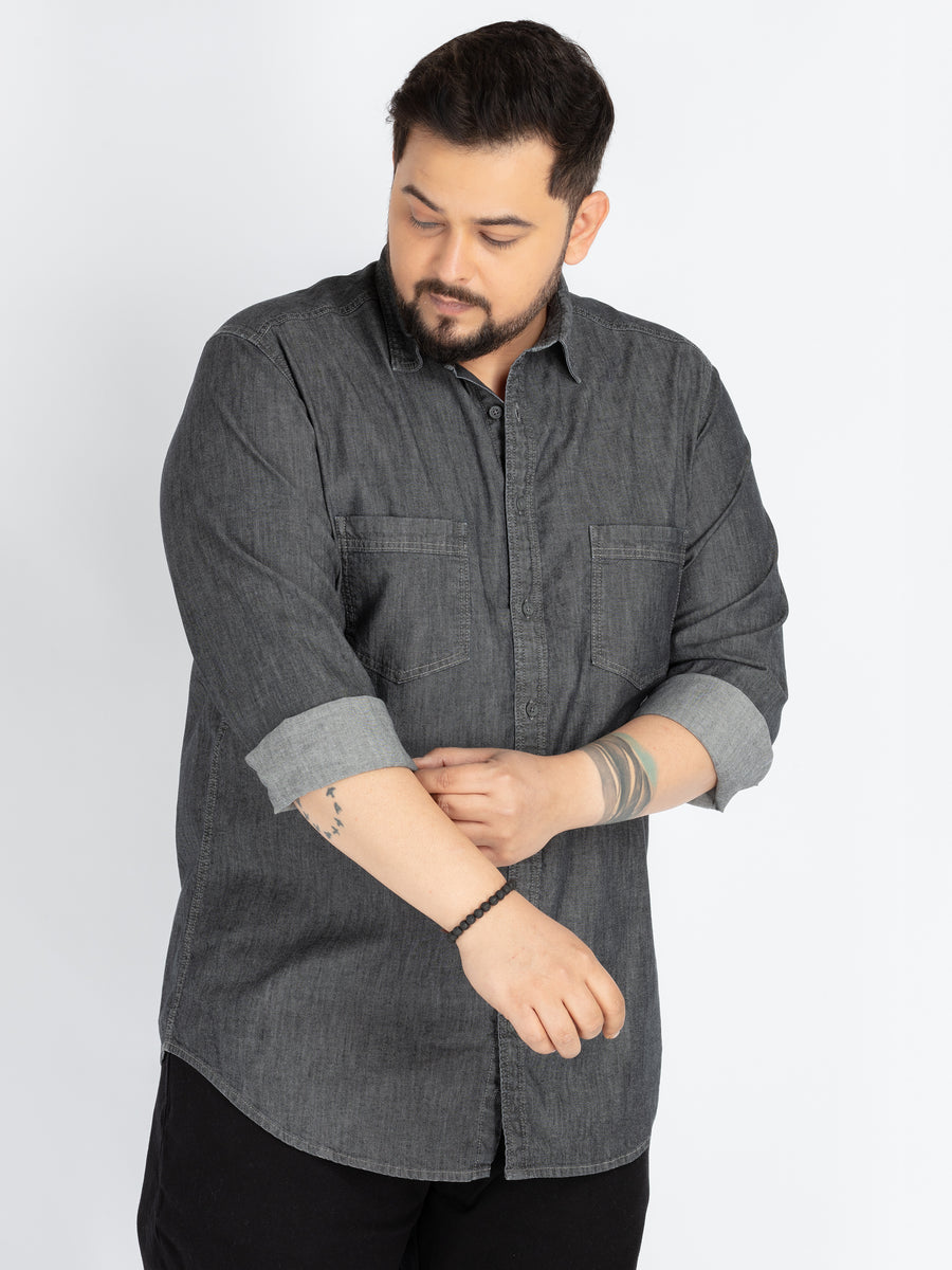 Mens Plus Size Grey Spread Collar Solid Shirt