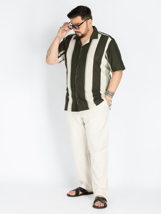 Olive Cuban Collar stripe Shirt