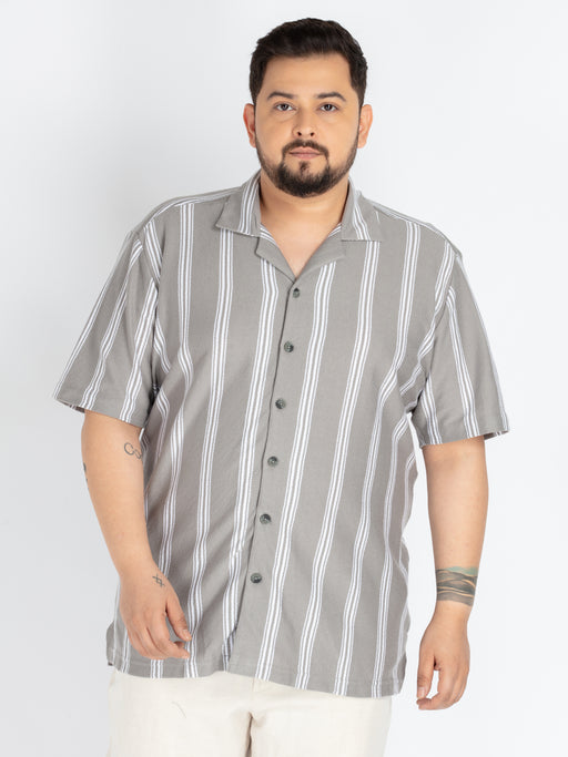 Mens Plus Size Grey Cuban Collar stripe Shirt
