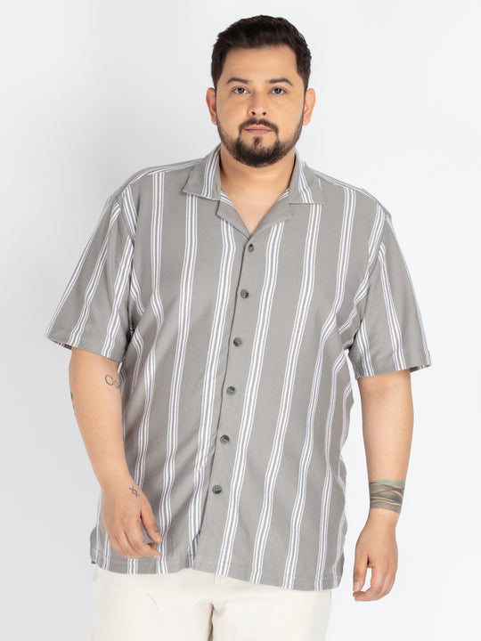 Mens Plus Size Grey Cuban Collar stripe Shirt
