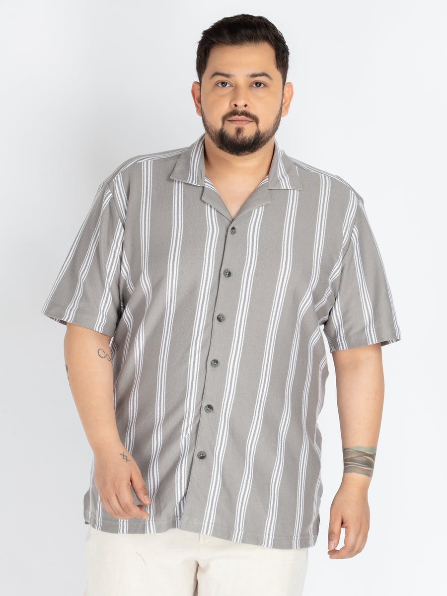Mens Plus Size Grey Cuban Collar stripe Shirt
