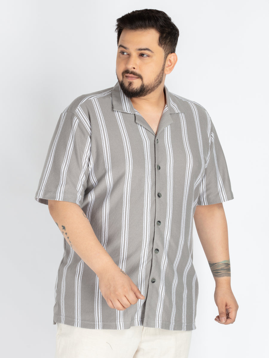 Mens Plus Size Grey Cuban Collar stripe Shirt