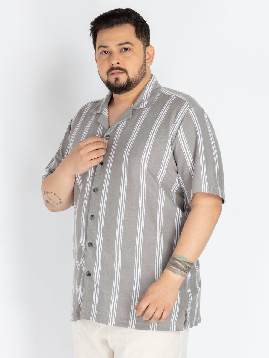 Mens Plus Size Grey Cuban Collar stripe Shirt