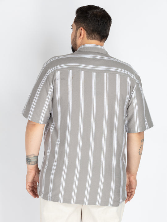Mens Plus Size Grey Cuban Collar stripe Shirt