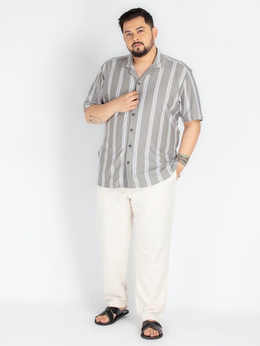 Mens Plus Size Grey Cuban Collar stripe Shirt