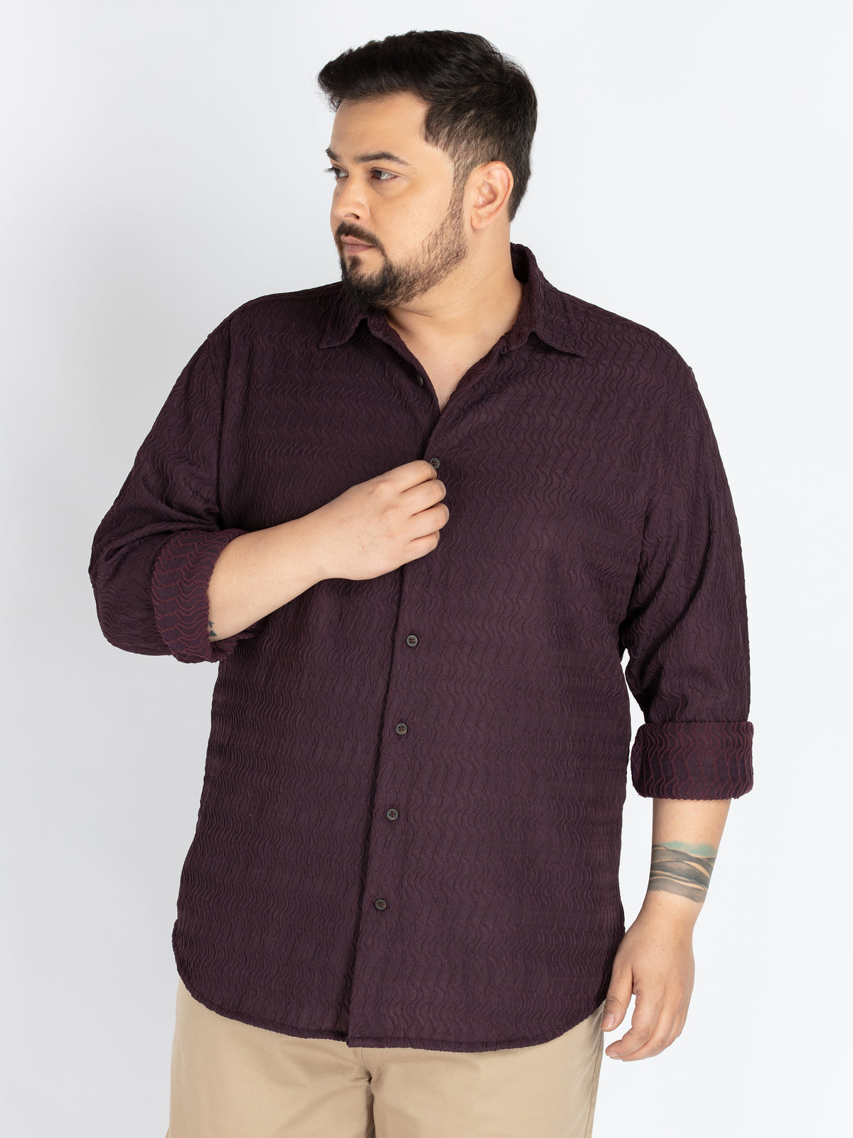 Wine Spread Collar Solid Structured Shirt