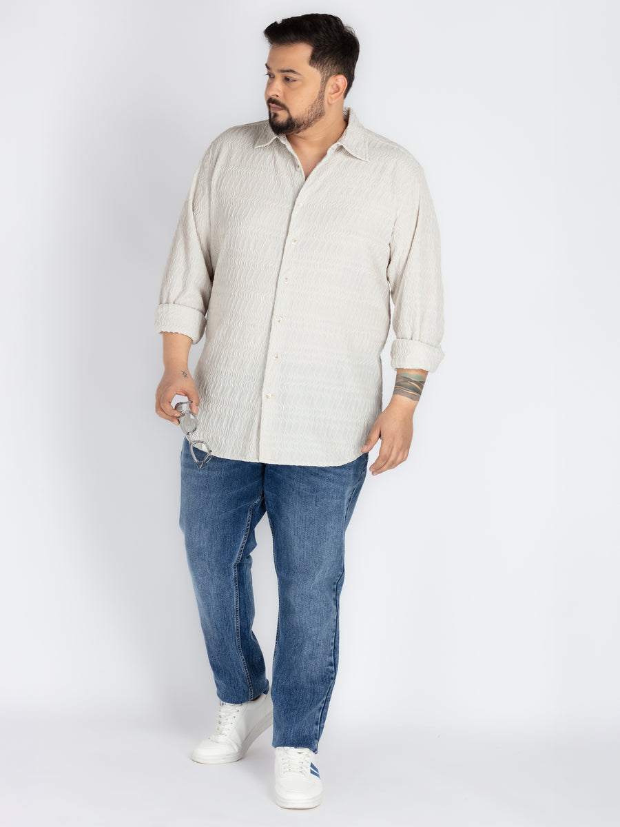 Mens Plus Size Offwhite Spread Collar Solid Structured Shirt