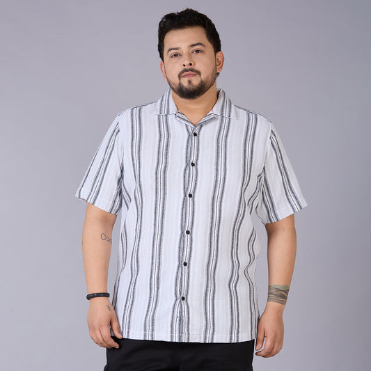 Plus Size Men's White Dobby Stripe Cuban Collar Shirt
