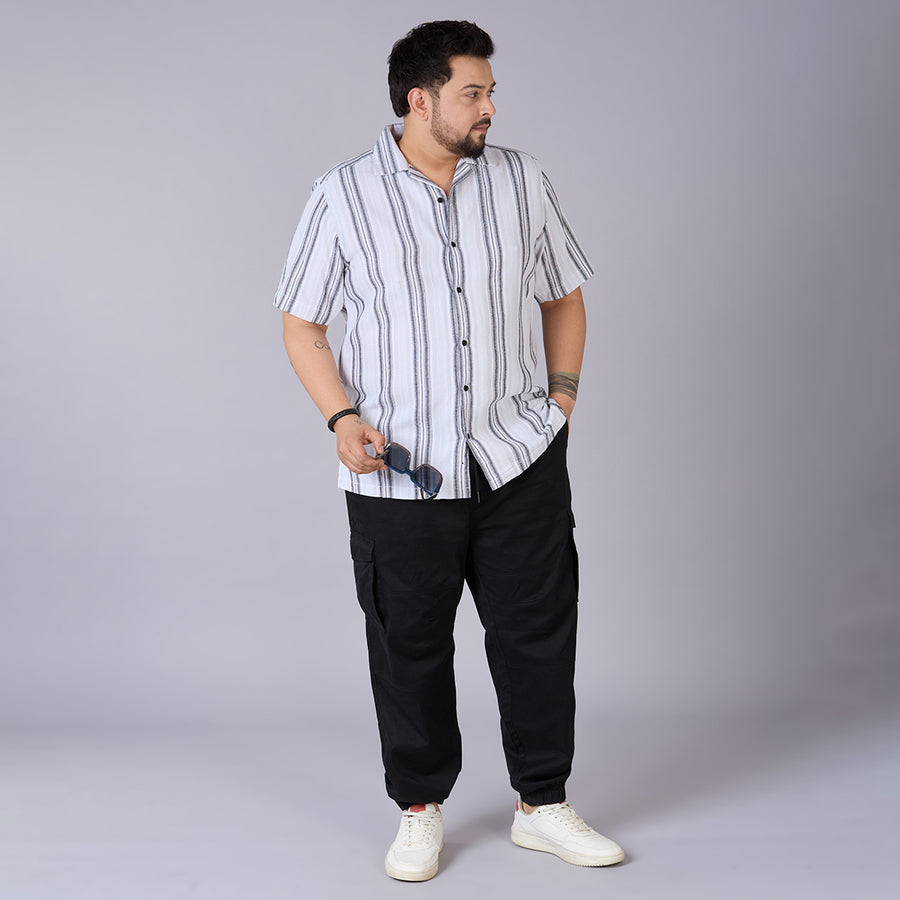 Plus Size Men's White Dobby Stripe Cuban Collar Shirt
