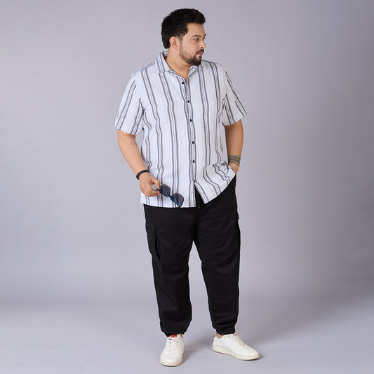 Plus Size Men's White Dobby Stripe Cuban Collar Shirt