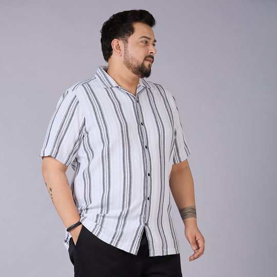 Plus Size Men's White Dobby Stripe Cuban Collar Shirt