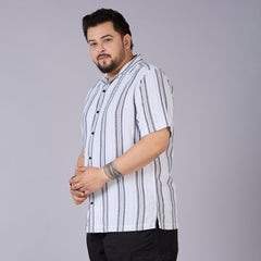 Plus Size Men's White Dobby Stripe Cuban Collar Shirt