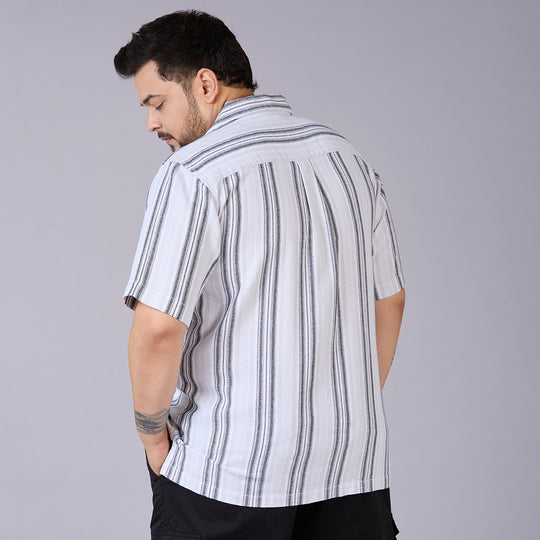 Plus Size Men's White Dobby Stripe Cuban Collar Shirt
