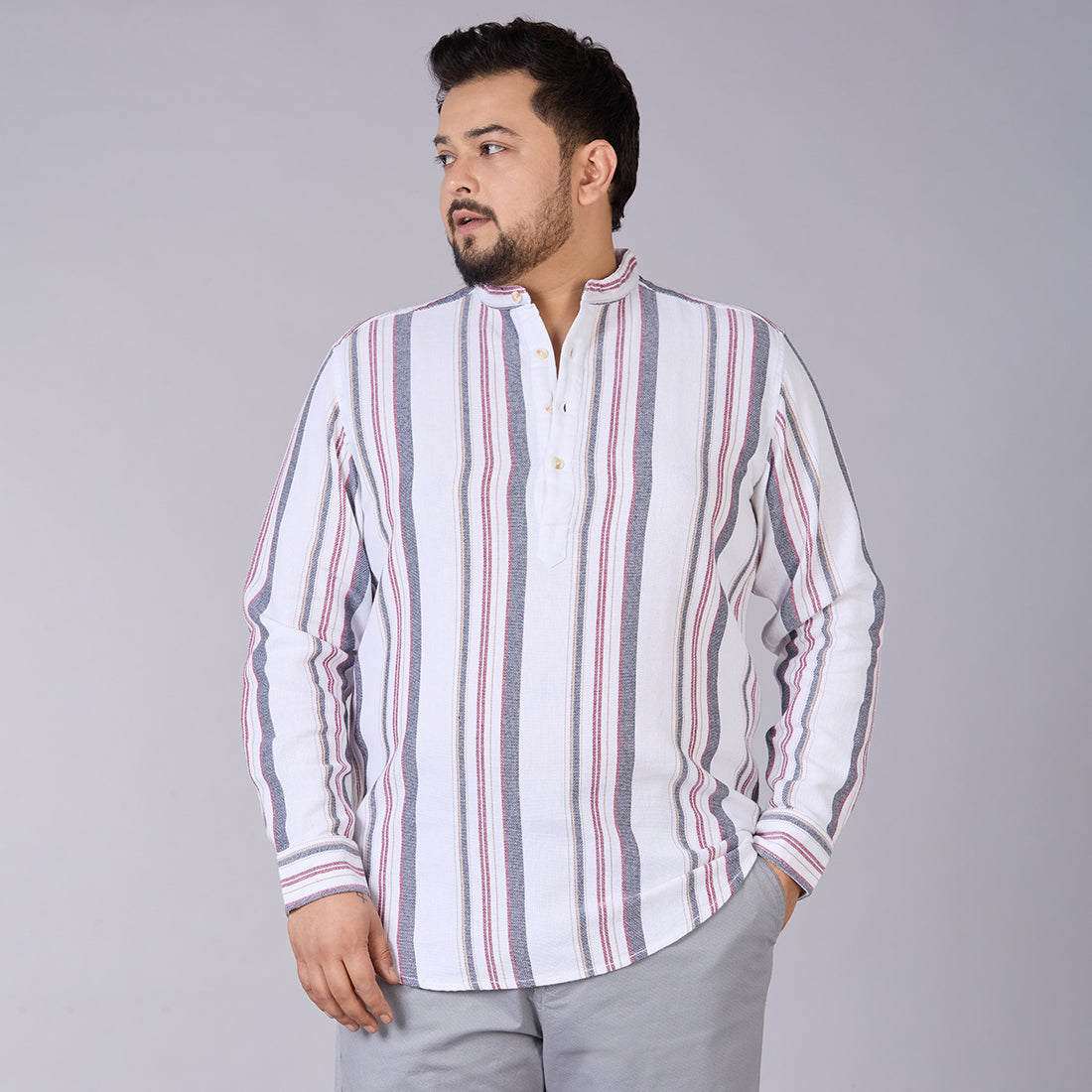 Plus Size Men's White Dobby Stripe Mandarin Collar Shirt