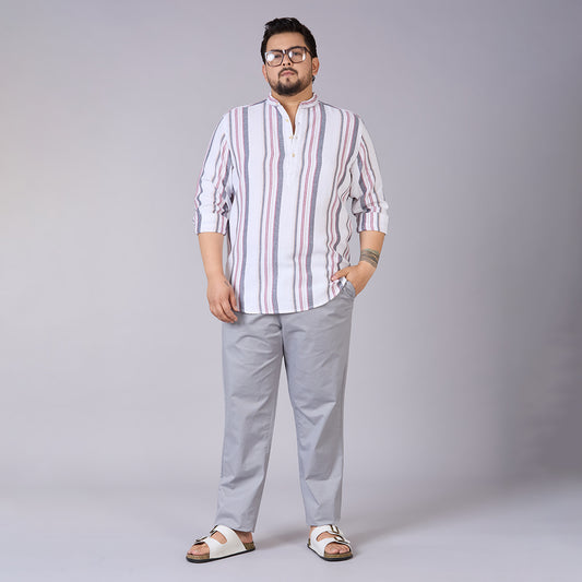 Plus Size Men's White Dobby Stripe Mandarin Collar Shirt