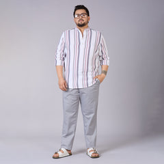 Plus Size Men's White Dobby Stripe Mandarin Collar Shirt