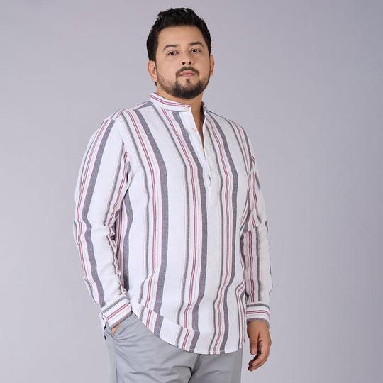 Plus Size Men's White Dobby Stripe Mandarin Collar Shirt