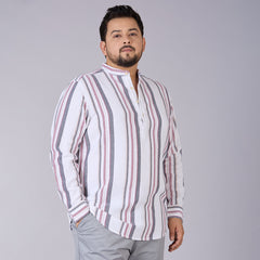 Plus Size Men's White Dobby Stripe Mandarin Collar Shirt