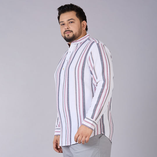 Plus Size Men's White Dobby Stripe Mandarin Collar Shirt