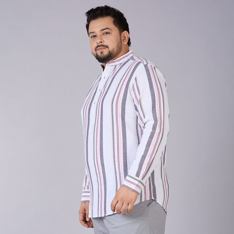 Plus Size Men's White Dobby Stripe Mandarin Collar Shirt